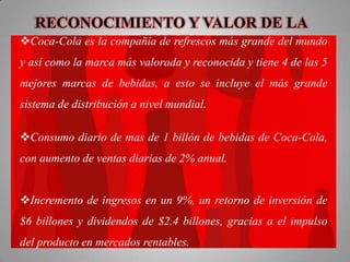RECONOCIMIENTO Y VALOR DE LA
Coca-Cola es la compañía de refrescos más grande del mundo
MARCA
y así como la marca más valorada y reconocida y tiene 4 de las 5
mejores marcas de bebidas, a esto se incluye el más grande

sistema de distribución a nivel mundial.
Consumo diario de mas de 1 billón de bebidas de Coca-Cola,

con aumento de ventas diarias de 2% anual.
Incremento de ingresos en un 9%, un retorno de inversión de

$6 billones y dividendos de $2.4 billones, gracias a el impulso
del producto en mercados rentables.

 