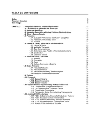 TABLA DE CONTENIDOS


Siglas                                                                             5
Resumen Ejecutivo                                                                  6
Metodología                                                                        8

CAPITULO I   1. Diagnóstico Interno: Jarabacoa por dentro                         12
             1.1. Características generales del municipio                         13
             1.2. Aspectos Históricos                                             14
             1.3. Ubicación Geográfica y Limites Políticos-Administrativos        14
             1.4. Clima y Geomorfología                                           19
             1.5. Población                                                       19
                     1.5.1. Evolución Poblacional y Distribución Geográfica       19
                     1.5.2. Población por Edades y Sexos                          20
                     1.5.3. Pobreza                                               21
             1.6. Uso de la Tierra y Servicios de Infraestructuras                23
                     1.6.1. Uso de la Tierra                                      23
                     1.6.2. Vialidad y Transporte                                 25
                     1.6.3. Tele Comunicaciones                                   25
                     1.6.4. Sistema de Agua Potable y Alcantarillado Sanitario    26
                     1.6.5. Electricidad                                          27
                     1.6.6. Desechos Sólidos                                      27
             1.7. Servicios Socio- Culturales                                     28
                     1.7.1. Vivienda                                              28
                     1.7.2. Educación                                             29
                     1.7.2. Salud                                                 32
                     1.7.2. Cultura, Recreación y Deporte                         32
             1.8. Medio Ambiente                                                  34
                     1.8.1. Recursos Naturales                                    34
                     1.8.2. Recursos Hídricos                                     34
                     1.8.3. Recursos Forestales y Áreas Protegidas                35
                     1.8.4 Principales Problemas Ambientales                      35
             1.9. Turismo                                                         36
             1.10. Economía                                                       38
                     1.10.1. Sector Primario                                      38
                     1.10.2. Sector Secundario                                    39
                     1.10.3. Sector Terciario                                     39
             1.11. Gobernabilidad, Organización y Participación Social            40
                     1.11.1. Gobierno local y Organismos Públicos                 41
                     1.11.2. Los Organismos del Gobiernos Central                 42
                     1.11.3. Organización Comunitaria                             42
                     1.11.4. Participación Social, Concertación y Transparencia   43
             1.12. Análisis FODA Sectoriales                                      44
                     1.12.1. FODA de Economía, Desarrollo Productivo y Turismo    45
                     1.12.2. FODA de uso del suelo e infraestructura              46
                     1.12.3. FODA de Medio Ambiente y Recursos Naturales          47
                     1.12.4. FODA de Gobernabilidad y Participación Social        48
                     1.12.3. Análisis FODA de Políticas Sociales                  49
 