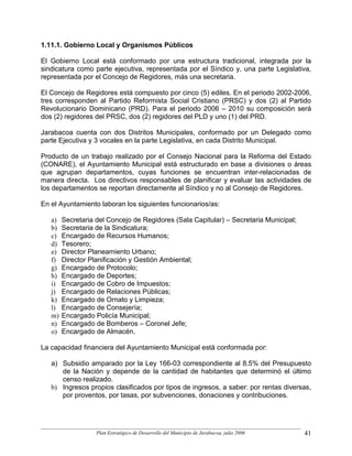 1.11.1. Gobierno Local y Organismos Públicos

El Gobierno Local está conformado por una estructura tradicional, integrada por la
sindicatura como parte ejecutiva, representada por el Síndico y, una parte Legislativa,
representada por el Concejo de Regidores, más una secretaria.

El Concejo de Regidores está compuesto por cinco (5) ediles. En el periodo 2002-2006,
tres corresponden al Partido Reformista Social Cristiano (PRSC) y dos (2) al Partido
Revolucionario Dominicano (PRD). Para el periodo 2006 – 2010 su composición será
dos (2) regidores del PRSC, dos (2) regidores del PLD y uno (1) del PRD.

Jarabacoa cuenta con dos Distritos Municipales, conformado por un Delegado como
parte Ejecutiva y 3 vocales en la parte Legislativa, en cada Distrito Municipal.

Producto de un trabajo realizado por el Consejo Nacional para la Reforma del Estado
(CONARE), el Ayuntamiento Municipal está estructurado en base a divisiones o áreas
que agrupan departamentos, cuyas funciones se encuentran inter-relacionadas de
manera directa. Los directivos responsables de planificar y evaluar las actividades de
los departamentos se reportan directamente al Síndico y no al Consejo de Regidores.

En el Ayuntamiento laboran los siguientes funcionarios/as:

   a)   Secretaria del Concejo de Regidores (Sala Capitular) – Secretaria Municipal;
   b)   Secretaria de la Sindicatura;
   c)   Encargado de Recursos Humanos;
   d)   Tesorero;
   e)   Director Planeamiento Urbano;
   f)   Director Planificación y Gestión Ambiental;
   g)   Encargado de Protocolo;
   h)   Encargado de Deportes;
   i)   Encargado de Cobro de Impuestos;
   j)   Encargado de Relaciones Públicas;
   k)   Encargado de Ornato y Limpieza;
   l)   Encargado de Consejería;
   m)   Encargado Policía Municipal;
   n)   Encargado de Bomberos – Coronel Jefe;
   o)   Encargado de Almacén.

La capacidad financiera del Ayuntamiento Municipal está conformada por:

   a) Subsidio amparado por la Ley 166-03 correspondiente al 8.5% del Presupuesto
      de la Nación y depende de la cantidad de habitantes que determinó el último
      censo realizado.
   b) Ingresos propios clasificados por tipos de ingresos, a saber: por rentas diversas,
      por proventos, por tasas, por subvenciones, donaciones y contribuciones.




                   Plan Estratégico de Desarrollo del Municipio de Jarabacoa, julio 2006   41
 
