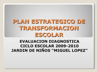 PLAN ESTRATEGICO DE TRANSFORMACION ESCOLAR EVALUACION DIAGNOSTICA CICLO ESCOLAR 2009-2010 JARDIN DE NIÑOS “MIGUEL LOPEZ” 