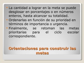 Orientaciones para construir las metas La cantidad a lograr en la meta se puede desglosar en porcentajes o en números enteros, hasta alcanzar su totalidad. Ordenarlas en función de su prioridad en términos de importancia  o urgencia. Finalmente, se retoman las metas prioritarias para el ciclo escolar correspondiente. 
