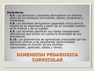 DIMENSION PEDAGOGICA CURRICULAR   Estándares A.5.  Los directivos y docentes demuestran un dominio pleno de los enfoques curriculares, planes, programas y contenidos. A.8.  Los docentes demuestran capacidad crítica para la mejora de su desempeño a partir de un concepto positivo de sí mismos y de su trabajo. A.9.  Los docentes planifican sus clases considerando alternativas que toman en cuenta la diversidad de sus estudiantes. A.10.  Las experiencias de aprendizaje propiciadas por los docentes ofrecen a los estudiantes oportunidades diferenciadas en función de sus diversas capacidades, aptitudes, estilos y ritmos. 