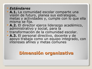Dimensión organizativa Estándares  A.1.  La comunidad escolar comparte una visión de futuro, planea sus estrategias, metas y actividades y, cumple con lo que ella misma se fija. A.2.  El director ejerce liderazgo académico, administrativo y social, para la transformación de la comunidad escolar. A.3.  El personal directivo, docente y de apoyo trabaja como un equipo integrado, con intereses afines y metas comunes 