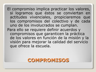 COMPROMISOS El compromiso implica practicar los valores, si logramos que éstos se conviertan en actitudes vivenciales, propiciaremos que los compromisos del colectivo y de cada uno de los involucrados se cumplan. Para ello se requiere definir acuerdos y compromisos que garanticen la práctica de los valores en función de la misión y la visión para mejorar la calidad del servicio que ofrece la escuela. 