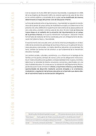 Con la creación en el año 2003 del Consorcio Haurreskolak, la aprobación en 2006
de la Ley Orgánica de Educación (LOE) y la creciente apertura de aulas de dos años
en los centros públicos y concertados de la ciudad, se ha modificado de manera
determinante el mapa del primer ciclo de Educación Infantil.
La firma del protocolo entre el Ayuntamiento y Haurreskolak ha supuesto la transferencia de la gestión de varios centros de titularidad municipal y va a determinar en los
próximos tres años (2009-2012) la planificación de la oferta de las plazas públicas de
cero a dos años y, también, la de las aulas de dos años. De este modo se inicia una
nueva etapa en el rediseño de la actuación del Ayuntamiento en el campo
de la primera infancia, en la que la intervención municipal en Educación Infantil
formal habrá de realizarse de forma coordinada junto con el Departamento de Educación de Gobierno Vasco y Haurreskolak.
El reconocimiento de la escuela como uno de los entornos privilegiados en el desarrollo de los procesos de aprendizaje de la primera infancia y en la aplicación de procesos educativos intencionales, no implica identificar educación con escolaridad. Por
tanto, también las familias han de constituir un eje fundamental de la intervención
educativa municipal.
Los cambios sociales, culturales y económicos, y su influencia en la tipología de las
familias y en las pautas y tiempos de crianza, junto con las obligaciones institucionales en materia de políticas de igualdad y corresponsabilidad entre mujeres y hombres,
determinan la necesidad de diseñar actuaciones conscientes y planificadas con una
clara finalidad educativa. En consecuencia, la intervención del Departamento Municipal de Educación ha de centrarse en ofrecer, a la primera infancia y a las familias,
oportunidades de desarrollo mediante acciones dirigidas a la orientación,
modulación y regulación del proceso educativo en el período que abarca desde el nacimiento hasta la escolarización obligatoria.

P.1.1. Red de Escuelas Infantiles de titularidad municipal P.1.2. Oficina de escolarización de cero a tres años de
Vitoria-Gasteiz P.1.3. Diseño y gestión de infraestructuras educativas del 1er ciclo de Educación Infantil P.1.4.
Intervención municipal en las escuelas gestionadas por Haurreskolak P.1.5. Programas educativos en el ámbito
escolar P.1.6. Formación y orientación a las familias P.1.7. Intervención con familias y criaturas no escolarizadas

23

Municipal de Educación 2012

AT E N C I Ó N E D U C AT I VA A L A P R I M E R A I N FA N C I A

Plan Estratégico del Departamento

 