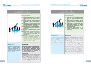 96 97
Plan Estratégico Institucional 2012-2016 Plan Estratégico Institucional 2012-2016
ESTRATEGIAS F-O 2:
FORTALEZAS – OPORTUNIDADES
OPORTUNIDADES
O1. Desarrollo de una Política de Inclusión
Social por parte del Gobierno Nacio-
nal.
O2. Apoyo político del Gobierno para los
cambios en la salud y la seguridad so-
cial.
O3: Crecimiento económico sostenido, que
impulsa la expansión del empleo y por
ende, del número de asegurados.
O5. Expectativas de la sociedad que de-
mandan la modernización de la segu-
ridad social.
O6. Aumento de la Remuneración Mínima
Vital.
O8. Existencia de convenios con organis-
mo de apoyo técnico y cooperación
nacional e internacional (ONGEI, OIT,
OPS/OMS, etc.).
O9. Marco legal de convenios interinstitu-
cionales con el MINSA permite el in-
tercambio y complementariedad de
servicios; asimismo, con gobiernos
regionales y locales y prestadores pri-
vados para ampliar la oferta.
FORTALEZA 2
9 millones y medio de asegu-
rados y 5 millones de apor-
tantes lo convierten en una
institución pública que se
sostiene	 financieramente	 en	
forma autónoma.
ESTRATEGIA
Desarrollar acciones, como integran-
tes de organismos internacionales,
que impulsen la Seguridad Social
Universal. Promover y organizar fo-
ros internacionales que fomenten la
seguridad social para todos.
ESTRATEGIA
Incrementar los montos de inversión
en infraestructura y equipos biomé-
dicos e informáticos, incorporando
un enfoque de hospitales ecológicos,
para mejorar la sostenibilidad, el ac-
ceso y la calidad de atención a las po-
blaciones excluidas.
ESTRATEGIAS F-O 3:
FORTALEZAS – OPORTUNIDADES
OPORTUNIDADES
O1. Desarrollo de una Política de Inclusión
Social por parte del Gobierno Nacio-
nal.
O2. Apoyo político del Gobierno para los
cambios en la salud y la seguridad so-
cial.
O4. Expectativas de la población sin segu-
ridad social, constituyen una ventana
de oportunidad para cambios y refor-
mas institucionales.
O5. Expectativas de la sociedad que de-
mandan la modernización de la segu-
ridad social.
FORTALEZA 4
La estructura de gobierno
tripartito de EsSalud (Go-
bierno, trabajadores y em-
presarios) le otorga una
conducción democrática y la
capacidad de diálogo y arti-
culación con la sociedad civil.
ESTRATEGIA
Basados en la estructura de gobierno
tripartito y una conducción democrá-
tica, promover una línea de acuerdos
institucionales que permitan actuar
con una visión de país en función a
la ampliación de cobertura, garanti-
zando la sostenibilidad financiera,
procurando una tasa competitiva y
sostenible de aporte, recuperación de
las deudas de los sectores público y
privado, reducción de los índices de
morosidad, evasión y elusión, inver-
sión en infraestructura sanitaria y
promoción de reformas legislativas.
 