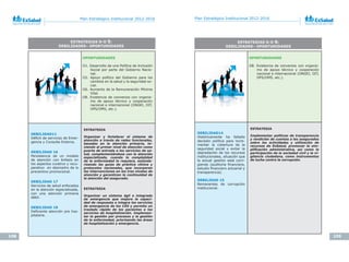 108 109
Plan Estratégico Institucional 2012-2016 Plan Estratégico Institucional 2012-2016
ESTRATEGIAS D-O 5:
DEBILIDADES– OPORTUNIDADES
OPORTUNIDADES
O1. Desarrollo de una Política de Inclusión
Social por parte del Gobierno Nacio-
nal.
O2. Apoyo político del Gobierno para los
cambios en la salud y la seguridad so-
cial.
O6. Aumento de la Remuneración Mínima
Vital.
O8. Existencia de convenios con organis-
mo de apoyo técnico y cooperación
nacional e internacional (ONGEI, OIT,
OPS/OMS, etc.).
DEBILIDAD11
Déficit	de	servicios	de	Emer-
gencia y Consulta Externa.
DEBILIDAD 16
Persistencia de un modelo
de atención con énfasis en
los aspectos curativo y recu-
perativo en desmedro de lo
preventivo promocional.
DEBILIDAD 17
Servicios de salud enfocados
en la atención especializada,
con una atención primaria
débil.
DEBILIDAD 18
Deficiente	atención	pre	hos-
pitalaria.
ESTRATEGIA
Organizar y fortalecer el sistema de
atención a través de redes funcionales,
basadas en la atención primaria, te-
niendo al primer nivel de atención como
puerta de entrada a los servicios de sa-
lud, complementándose con la atención
especializada, cuando la complejidad
de la enfermedad lo requiera, estanda-
rizando las guías de práctica clínica y
protocolos nacionales, que incorporen
las intervenciones en los tres niveles de
atención y garanticen la continuidad de
la atención del asegurado.
ESTRATEGIA
Organizar un sistema ágil e integrado
de emergencia que mejore la capaci-
dad de respuesta e integre los servicios
de emergencia de los CAS y permita un
traslado rápido de los pacientes a los
servicios de hospitalización. Implemen-
tar la gestión por procesos y la gestión
de la enfermedad, priorizando las áreas
de hospitalización y emergencia.
ESTRATEGIAS D-O 6:
DEBILIDADES– OPORTUNIDADES
OPORTUNIDADES
O8. Existencia de convenios con organis-
mo de apoyo técnico y cooperación
nacional e internacional (ONGEI, OIT,
OPS/OMS, etc.).
DEBILIDAD14
Históricamente ha faltado
decisión política para incre-
mentar la cobertura de la
seguridad social y evitar la
depredación de los recursos
institucionales, situación que
la actual gestión está corri-
giendo	 (auditoría	 financiera,	
estudio	financiero	actuarial	y	
transparencia).
DEBILIDAD 15
Remanentes de corrupción
institucional.
ESTRATEGIA
Implementar políticas de transparencia
y rendición de cuentas a los asegurados
sobre las actividades y utilización de
recursos de EsSalud, promover la sim-
plificación administrativa, así como la
participación de la sociedad civil y la vi-
gilancia ciudadana, como instrumentos
de lucha contra la corrupción.
 