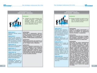 116 117
Plan Estratégico Institucional 2012-2016 Plan Estratégico Institucional 2012-2016
ESTRATEGIAS D-A 4:
DEBILIDADES – AMENAZAS
AMENAZAS
A3. Existencia de eventos sanitarios conti-
nentales emergentes y reemergentes
(sarampión, dengue, malaria, TBC y
VIH/SIDA). Previsión de un Fenóme-
no de El Niño mayor para 2012-2013 y
eventos	catastróficos	mayores.
DEBILIDAD 5
Deficiente	 atención	 prehos-
pitalaria.
DEBILIDAD 9
Dificultad	 para	 mantener	 y	
captar personal asistencial y
administrativo	 calificado	 por	
falta de incentivos económi-
cos, especialmente en el pri-
mer nivel de atención.
DEBILIDAD 14
Falta de una cultura de seguri-
dad social en la población.
DEBILIDAD 17:
Déficit	de	servicios	en	emer-
gencia y consulta externa.
DEBILIDAD 18:
Limitación en los procesos de
atención ordenados a nivel na-
cional (por uso aún limitado de
guías clínicas de atención y pro-
tocolos de procedimientos)
DEBILIDAD 19:
Tecnologías de información y
comunicación obsoletas, que
estamos en proceso de actua-
lización.
ESTRATEGIA
Desarrollar e implementar interven-
ciones preventivo-promocionales para
las enfermedades crónicas no transmi-
sibles, emergentes, los accidentes de
trabajo y enfermedades ocupacionales.
ESTRATEGIA
Mejorar las acciones para disminuir la
vulnerabilidad de los hospitales y miti-
gar los riesgos frente a desastres.
ESTRATEGIA
Entrenar y organizar al personal, a tra-
vés de las brigadas y de los comités de
seguridad y defensa, para enfrentar
eventos catastróficos. Difundir a la po-
blación asegurada a través de medios
audiovisuales, las pautas necesarias de
evacuación para cada tipo de emergen-
cia que se pueda presentar.
ESTRATEGIAS D-A 5:
DEBILIDADES – AMENAZAS
AMENAZAS
A5. Riesgos de pérdida de capital humano y
posibles	 conflictos	 laborales	 por	 dete-
rioro de capacidad adquisitiva acumu-
lada en los últimos 20 años.
DEBILIDAD 9
Dificultad	 para	 mantener	 y	
captar personal asistencial y
administrativo	 calificado	 por	
falta de incentivos económi-
cos, especialmente en el pri-
mer nivel de atención.
DEBILIDAD 10
Personal desmotivado por
desactualización de los nive-
les salariales.
DEBILIDAD 11:
Deterioro de la imagen de
EsSalud en el componente
prehospitalario.
DEBILIDAD 12:
Inexistencia de una carrera
pública asistencial y admi-
nistrativa basada en la me-
ritocracia, sobre la base de
concursos públicos para se-
lección de personal por com-
petencias.
DEBILIDAD 20:
Falta de fomento y desarrollo
de las capacidades y el talen-
to humano para innovación y
desarrollo.
ESTRATEGIA
Actualizar la escala remunerativa vi-
gente y el clasificador de cargos para
generar una política de retención de
recursos humanos competentes.
ESTRATEGIA
Impulsar el desarrollo de la investiga-
ción científica y tecnológica, acorde a
las prioridades sanitarias y a las nece-
sidades de salud de los asegurados.
ESTRATEGIA
Desarrollar una cultura organizacional
que permita internalizar la visión, mi-
sión, compartir los mismos valores éti-
cos, principios institucionales y objeti-
vos, a través de talleres, programas de
difusión, realizando evaluaciones pe-
riódicas. Mejorar el clima organizacio-
nal, el ambiente de trabajo cotidiano,
reconocer públicamente los méritos de
los trabajadores en el cumplimiento efi-
ciente de sus funciones y su contribu-
ción a la mejora de la calidad de aten-
ción a los asegurados y de la gestión.
Todas las áreas de la institución deben
desarrollar acciones que permitan me-
jorar las condiciones que favorezcan el
desarrollo personal, social y laboral de
los trabajadores. Asimismo, deberán
implementar estrategias y acciones de
motivación e incentivos, tanto a nivel
individual como a nivel de los equipos
de trabajo.
 