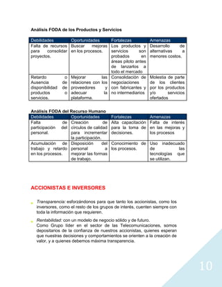 Análisis FODA de los Productos y Servicios

Debilidades        Oportunidades            Fortalezas           Amenazas
Falta de recursos Buscar      mejoras       Los productos y      Desarrollo    de
para    consolidar en los procesos.         servicios     son    alternativas    a
proyectos.                                  probados        en   menores costos.
                                            áreas piloto antes
                                            de lanzarlos a
                                            todo el mercado
Retardo           o   Mejorar        las    Consolidación de     Molestia de parte
Ausencia         de   relaciones con los    negociaciones        de los clientes
disponibilidad   de   proveedores       y   con fabricantes y    por los productos
productos         o   adecuar          la   no intermediarios    y/o      servicios
servicios.            plataforma.                                ofertados


Análisis FODA del Recurso Humano
Debilidades        Oportunidades            Fortalezas           Amenazas
Falta           de Creación          de     Alta capacitación    Falta de interés
participación del círculos de calidad       para la toma de      en las mejoras y
personal.          para incrementar         decisiones.          los procesos
                   la participación.
Acumulación de Disposición           del    Conocimiento de Uso inadecuado
trabajo y retardo personal            a     los procesos.   de           las
en los procesos.   mejorar las formas                       tecnologías que
                   de trabajo.                              se utilizan.




ACCIONISTAS E INVERSORES

   Transparencia: esforzándonos para que tanto los accionistas, como los
   inversores, como el resto de los grupos de interés, cuenten siempre con
   toda la información que requieren.
   Rentabilidad: con un modelo de negocio sólido y de futuro.
   Como Grupo líder en el sector de las Telecomunicaciones, somos
   depositarios de la confianza de nuestros accionistas, quienes esperan
   que nuestras decisiones y comportamientos se orienten a la creación de
   valor, y a quienes debemos máxima transparencia.




                                                                                      10
 