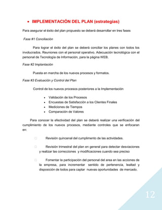 IMPLEMENTACIÓN DEL PLAN (estrategias)

Para asegurar el éxito del plan propuesto se deberá desarrollar en tres fases

Fase #1 Conciliación

        Para lograr el éxito del plan se deberá conciliar los planes con todos los
involucrados. Reuniones con el personal operativo. Adecuación tecnológica con el
personal de Tecnología de Información, para la página WEB.

Fase #2 Implantación

       Puesta en marcha de los nuevos procesos y formatos.

Fase #3 Evaluación y Control del Plan

       Control de los nuevos procesos posteriores a la Implementación

                  Validación de los Procesos
                  Encuestas de Satisfacción a los Clientes Finales
                  Mediciones de Tiempos
                  Comparación de Valores

    Para conocer la efectividad del plan se deberá realizar una verificación del
cumplimiento de los nuevos procesos, mediante controles que se enfocaran
en:

               Revisión quincenal del cumplimento de las actividades.

                Revisión trimestral del plan en general para detectar desviaciones
            y realizar las correcciones y modificaciones cuando sea preciso

               Fomentar la participación del personal del area en las acciones de
            la empresa, para incrementar sentido de pertenencia, lealtad y
            disposición de todos para captar nuevas oportunidades de mercado.




                                                                                      12
 