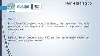 Plan estratégico
Visión
Es una idea-fuerza que convoca, que vincula, que da sentido al hecho de
pertenecer a una organización. Es la respuesta a la pregunta ¿qué
deseamos ser?
Ejemplo: En el Centro Médico ABC ser líder en la trasformación del
cuidado de la salud en México.
 
