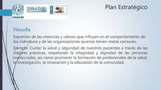 Plan Estratégico
Filosofía
Expresión de las creencias y valores que influyen en el comportamiento de
los individuos y de las organizaciones quienes tienen metas comunes.
Ejemplo: Cuidar la salud y seguridad de nuestros pacientes a través de las
mejores prácticas, respetando la integridad y dignidad de las personas
involucradas, así como promover la formación de profesionales de la salud,
la investigación, la innovación y la educación de la comunidad.
 