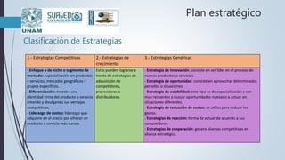 Plan estratégico
Clasificación de Estrategias
1.- Estrategias Competitivas 2.- Estrategias de
crecimiento
3.- Estrategias Genéricas
- Enfoque o de nicho o segmento de
mercado: especialización en productos
y servicios, mercados geográficos y
grupos específicos.
- Diferenciación: muestra una
identidad firme del producto o servicio
creando y divulgando sus ventajas
competitivas.
- Liderazgo de costos: liderazgo que
adquiere en el precio por ofrecer un
producto o servicio más barato.
Estás pueden lograrse a
través de estrategias de
adquisición de
competidores,
proveedores o
distribuidores.
- Estrategia de innovación: consiste en ser líder en el proceso de
nuevos productos o servicios.
- Estrategia de oportunidad: consiste en aprovechar determinados
periodos o situaciones.
- Estrategia de estabilidad: este tipo es de especialización y son
muy renuentes a buscar oportunidades nuevas o a actuar en
situaciones diferentes.
- Estrategia de reducción de costos: se utiliza para reducir los
gastos.
- Estrategias de reacción: forma de actuar de acuerdo a sus
competidores.
- Estrategias de cooperación: genera alianzas competitivas en
alianza estratégica.
 