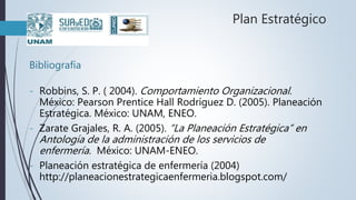 Plan Estratégico
Bibliografía
- Robbins, S. P. ( 2004). Comportamiento Organizacional.
México: Pearson Prentice Hall Rodríguez D. (2005). Planeación
Estratégica. México: UNAM, ENEO.
- Zarate Grajales, R. A. (2005). “La Planeación Estratégica” en
Antología de la administración de los servicios de
enfermería. México: UNAM-ENEO.
- Planeación estratégica de enfermería (2004)
http://planeacionestrategicaenfermeria.blogspot.com/
 