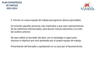 PLAN ESTRATÉGICO
   DE EMPLEO
   2013-2015



       5- Formar un nuevo equipo de trabajo para generar planes ejecutables

       Se incluirán aquellas personas más implicadas y que sean representativas
       de los colectivos seleccionados, para buscar nuevas soluciones a la vista
       del análisis anterior.

       De aquí saldrá un borrador del plan, con la estrategia a seguir para
       alcanzar el objetivo que será aprobado por el propio equipo de trabajo.

       Presentación del borrador y aprobación en su caso por el Ayuntamiento.
 