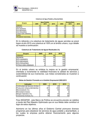 4
  Plan Estratégico 2008-2012
       SEDAPAR S.A.




                            Cobertura de Agua Potable y Alcantarillado

                                       Agua Potable                               Alcantarillado
        Grupos
                           2005            2010         2015            2005          2010         2015
URBANO                              81          85              89             72             80          84
SEDAPAL                             89          92              97             84             91          95
EPS GRANDES                         80          83              85             71             78          83
EPS MEDIANAS                        79          81              83             63             75          80
EPS PEQUEÑAS                        71          72              73             58             63          65
OTRAS ADM URBANAS                   60          66              69             48             57          60
RURAL                               64          67              70             30             43          60
PROMEDIO NACIONAL                   76          80              83             59             69          77


En lo referente a la cobertura de tratamiento de aguas servidas se prevé
lograr al año 2015 una cobertura al 100% en el ámbito urbano, cuyo detalle
se muestra a continuación:

       Cobertura de Tratamiento de Aguas Residuales (%)

       Grupos                       2005            2010             2015
URBANO                                     22              54               100
SEDAPAL                                    10              40               100
EPS GRANDES                                43              72               100
EPS MEDIANAS                               33              66               100
EPS PEQUEÑAS                                6              53               100
OTRAS ADM URBANAS                           6              53               100

En el ámbito urbano se enfatiza la mejora en la gestión empresarial,
orientada a incrementar la viabilidad financiera la calidad de servicios y
sostenibilidad de sus inversiones. Las metas consideradas se muestran a
continuación

   Metas de Gestión Promedio en el Ambito Empresarial 2005-2015

           Indicador                       2005            2010             2015
Continuidad del Servicio (hr/día)                  17              23               23
Producción Urbana (lts/hab/día)                   291             230              200
Micromedición (%)                                  54              92               95
Morosidad (meses)                                   5               2                2
Margen Operativo (%)                               28              42               50
Conexiones Activas (%)                             89              95               95

Para SEDAPAR , este Marco de Política se encuentra previsto se viabilice
a través del Plan Maestro Optimizado que en sus Metas debe contribuir al
logro de estos objetivos.

Asimismo en los últimos años el Gobierno Central promueve diversos
programas para abastecer de servicios de agua potable y alcantarillado, a
los cuales la empresa podría obtener financiamiento para algunos
proyectos.
 