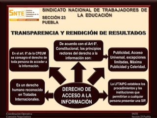 Coordinación Operativa SNTE
Comisión Negociadora Sección 23 Puebla
DERECHO DE
ACCESO A LA
INFORMACIÒN
Es un derecho
humano reconocido
en Tratados
Internacionales.
En el art. 6º.de la CPEUM
se consagra el derecho de
toda persona de acceder a
la Información.
De acuerdo con el Art 6º.
Constitucional, los principios
rectores del derecho a la
información son:
Publicidad, Acceso
Universal, excepciones
limitadas, Máxima
Publicidad y Celeridad.
La LFTAIPG establece los
procedimientos y las
instituciones que
permitirían a cualquier
persona presentar una SIP.
 