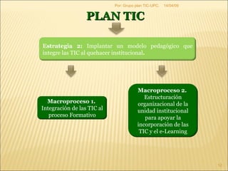09/06/09 Por: Grupo plan TIC-UPC. PLAN TIC  Estrategia 2:  Implantar un modelo pedagógico que integre las TIC al quehacer institucional . Macroproceso 1.  Integración de las TIC al proceso   Formativo Macroproceso 2.  Estructuración organizacional de la unidad institucional para apoyar la incorporación de las TIC y el e-Learning 