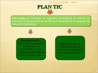 09/06/09 Por: Grupo plan TIC-UPC. PLAN TIC  Estrategia 5:  Consolidar la capacidad institucional en materia de extensión con la presencia de las TIC en el desarrollo de los procesos de educación continuada.   Macroproceso 1.  Desarrollo de proyectos de extensión  en articulación  con la unidad especializada de nuevas tecnologías. Macroproceso 2.  Implementación de servicios  de extensión en el campo de las TIC. 