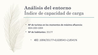 Análisis del entorno
Índice de capacidad de carga
v
Nº de turistas en los momentos de máxima afluencia:
804+200=1004
v
Nº de habitantes: 35177
Ø
ICC: 1004/35177=0,028541=2,8541%
 