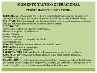 MOMENTO TÁCTICO OPERACIONAL
                        PROGRAMACIÓN DE ESTRATEGIA

ESTRATEGIA.- Organizando con los Representantes legales conferencias-talleres sobre
participación activa para involucrar a los padres de familia en las actividades del Plantel.
OBJETIVO.- Integrar a los padres de familia mediante la ejecución de conferencias-talleres
para que participen activamente en las actividades del Plantel
ACTIVIDADES
Seleccionar a los Padres de Familia conferencista.
Elaborar cronograma de conferencias.
Diseñar Talleres.
Entregar certificados.
Organizar reuniones con los padres de familia
Hacer seguimiento
LUGAR: Colegio Fiscomisional Técnico “Pedro Pablo Gómez”
FECHA: Desde abril a junio de 2011
RESPONSABLES: Directivos.
PARTICIPANTES: Padres de Familia y Representantes legales de los estudiantes.
RECURSOS: Proyector, computadoras, anillado, lápiz, papel, cámara, filmadora.
COSTOS: $ 300.00
EVALUACIÓN: Se conformará un equipo de monitoreo encargado de detectar las falencias
que ocurran durante la ejecución del proyecto, el mismo que observará la participación de los
padres de familia en las actividades desarrolladas por la institución.
 