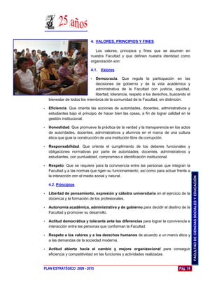 4. VALORES, PRINCIPIOS Y FINES.

                                Los valores, principios y fines que se asumen en
                             nuestra Facultad y que definen nuestra identidad como
                             organización son:

                             4.1. Valores.

                            •  Democracia. Que regula la participación en las
                               decisiones de gobierno y de la vida académica y
                               administrativa de la Facultad con justicia, equidad,
                               libertad, tolerancia, respeto a los derechos, buscando el
    bienestar de todos los miembros de la comunidad de la Facultad, sin distinción.

•   Eficiencia. Que orienta las acciones de autoridades, docentes, administrativos y
    estudiantes bajo el principio de hacer bien las cosas, a fin de lograr calidad en la
    gestión institucional.

•   Honestidad. Que promueve la práctica de la verdad y la transparencia en los actos
    de autoridades, docentes, administrativos y alumnos en el marco de una cultura
    ética que guie la construcción de una institución libre de corrupción.

•   Responsabilidad. Que orienta el cumplimiento de los deberes funcionales y
    obligaciones normativas por parte de autoridades, docentes, administrativos y
    estudiantes, con puntualidad, compromiso e identificación institucional.

•   Respeto. Que se requiere para la convivencia entre las personas que integran la
    Facultad y a las normas que rigen su funcionamiento, así como para actuar frente a
    la interacción con el medio social y natural.




                                                                                           FACULTAD DE CIENCIAS SOCIALES Y EDUCACIÓN
    4.2. Principios.

•   Libertad de pensamiento, expresión y cátedra universitaria en el ejercicio de la
    docencia y la formación de los profesionales.

•   Autonomía académica, administrativa y de gobierno para decidir el destino de la
    Facultad y promover su desarrollo.

•   Actitud democrática y tolerante ante las diferencias para lograr la convivencia e
    interacción entre las personas que conforman la Facultad

•   Respeto a los valores y a los derechos humanos de acuerdo a un marco ético y
    a las demandas de la sociedad moderna.

•   Actitud abierta hacia el cambio y mejora organizacional para conseguir
    eficiencia y competitividad en las funciones y actividades realizadas.


PLAN ESTRATÉGICO 2009 - 2015                                                     Pág. 14
 