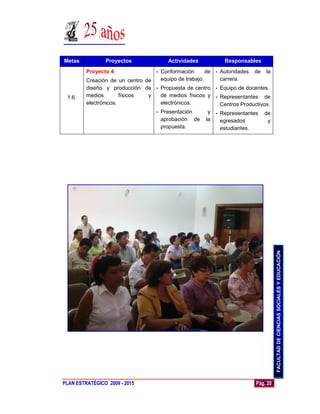 Metas           Proyectos                Actividades            Responsables
         Proyecto 4.               •   Conformación       de • Autoridades   de   la
         Creación de un centro de      equipo de trabajo.      carrera.
         diseño y producción de • Propuesta de centro • Equipo de docentes.
 1.6.    medios        físicos  y   de medios físicos y • Representantes de
         electrónicos.              electrónicos.         Centros Productivos.
                                  • Presentación      y • Representantes de
                                    aprobación de la      egresados          y
                                    propuesta.            estudiantes.




                                                                                       FACULTAD DE CIENCIAS SOCIALES Y EDUCACIÓN




PLAN ESTRATÉGICO 2009 - 2015                                                 Pág. 20
 