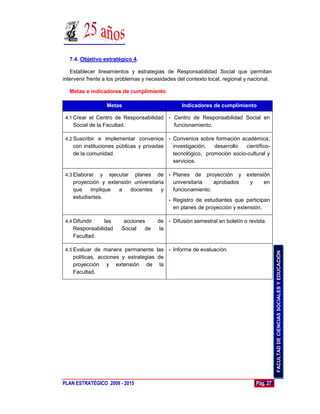 7.4. Objetivo estratégico 4.

   Establecer lineamientos y estrategias de Responsabilidad Social que permitan
intervenir frente a los problemas y necesidades del contexto local, regional y nacional.

  Metas e indicadores de cumplimiento.

                  Metas                            Indicadores de cumplimiento

 4.1 Crear el Centro de Responsabilidad     •   Centro de Responsabilidad Social en
    Social de la Facultad.                      funcionamiento.

 4.2 Suscribir e implementar convenios      •   Convenios sobre formación académica,
    con instituciones públicas y privadas       investigación,  desarrollo  científico-
    de la comunidad.                            tecnológico, promoción socio-cultural y
                                                servicios.

 4.3 Elaborar  y ejecutar planes de • Planes de proyección y extensión
    proyección y extensión universitaria   universitaria   aprobados      y     en
    que    implique  a    docentes     y   funcionamiento.
    estudiantes.
                                         • Registro de estudiantes que participan
                                           en planes de proyección y extensión.

 4.4 Difundir   las      acciones      de • Difusión semestral en boletín o revista.
    Responsabilidad     Social   de     la
    Facultad.

 4.5 Evaluar de manera permanente las       •   Informe de evaluación.




                                                                                           FACULTAD DE CIENCIAS SOCIALES Y EDUCACIÓN
    políticas, acciones y estrategias de
    proyección y extensión de la
    Facultad.




PLAN ESTRATÉGICO 2009 - 2015                                                     Pág. 27
 