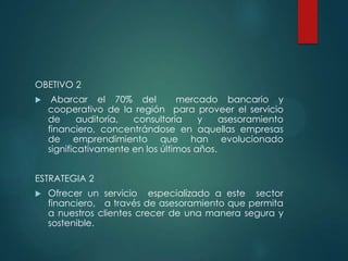 OBETIVO 2


Abarcar el 70% del
mercado bancario y
cooperativo de la región para proveer el servicio
de
auditoría,
consultoría
y
asesoramiento
financiero, concentrándose en aquellas empresas
de emprendimiento que han evolucionado
significativamente en los últimos años.

ESTRATEGIA 2


Ofrecer un servicio especializado a este sector
financiero, a través de asesoramiento que permita
a nuestros clientes crecer de una manera segura y
sostenible.

 