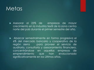 Metas


Asesorar al 25% de
empresas de mayor
crecimiento en la industria textil de la zona centro
norte del país durante el primer semestre del año.



Abarcar semestralmente en forma progresiva el
6% del mercado bancario y cooperativo de la
región sierra
para proveer el servicio de
auditoría, consultoría y asesoramiento financiero,
concentrándose en aquellas empresas de
emprendimiento
que
han
evolucionado
significativamente en los últimos años.

 