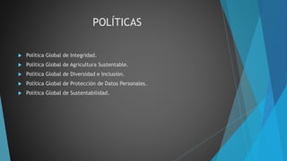 POLÍTICAS
 Política Global de Integridad.
 Política Global de Agricultura Sustentable.
 Política Global de Diversidad e Inclusión.
 Política Global de Protección de Datos Personales.
 Política Global de Sustentabilidad.
 