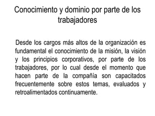 Conocimiento y dominio por parte de los
            trabajadores

Desde los cargos más altos de la organización es
fundamental el conocimiento de la misión, la visión
y los principios corporativos, por parte de los
trabajadores, por lo cual desde el momento que
hacen parte de la compañía son capacitados
frecuentemente sobre estos temas, evaluados y
retroalimentados continuamente.
 