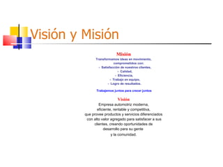 Visión y Misión Misión Transformamos ideas en movimiento, comprometidos con: -  Satisfacción de nuestros clientes, -  Calidad, -  Eficiencia,  -  Trabajo en equipo, -  Logro de resultados.   Trabajemos juntos para crecer juntos Visión Empresa automotriz moderna, eficiente, rentable y competitiva,  que provee productos y servicios diferenciados con alto valor agregado para satisfacer a sus clientes, creando oportunidades de  desarrollo para su gente  y la comunidad . 