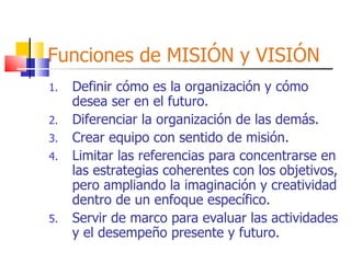 Funciones de MISIÓN y VISIÓN Definir cómo es la organización y cómo desea ser en el futuro. Diferenciar la organización de las demás. Crear equipo con sentido de misión. Limitar las referencias para concentrarse en las estrategias coherentes con los objetivos, pero ampliando la imaginación y creatividad dentro de un enfoque específico. Servir de marco para evaluar las actividades y el desempeño presente y futuro. 
