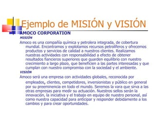 Ejemplo de MISIÓN y VISIÓN AMOCO CORPORATION MISIÓN Amoco es una compañía química y petrolera integrada, de cobertura mundial. Encontramos y explotamos recursos petrolíferos y ofrecemos productos y servicios de calidad a nuestros clientes. Realizamos nuestras actividades con responsabilidad a efecto de obtener resultados fiancieros superiores que guarden equilibrio con nuestro crecimiento a largo plazo, que beneficien a las partes interesadas y que cumplan con nuestro compromiso con la sociedad y el ambiente. VISIÓN Amoco será una empresa con actividades globales, reconocida por empleados ,  clientes, competidores, inversionistas y público en general por su preeminencia en todo el mundo. Seremos la vara que sirva a las otras empresas para medir su actuación. Nuestros sellos serán la innovación, la iniciativa y el trabajo en equipo de nuestro personal, así como nuestra capacidad para anticipar y responder debidamente a los cambios y para crear oportunidades. 
