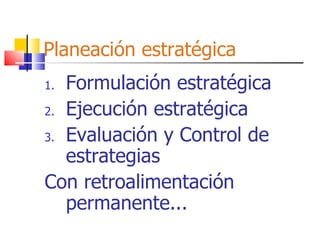 Planeación estratégica Formulación estratégica Ejecución estratégica Evaluación y Control de estrategias Con retroalimentación permanente... 