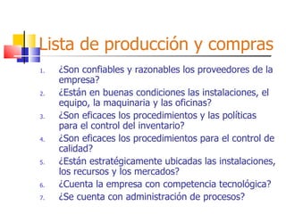 Lista de producción y compras ¿Son confiables y razonables los proveedores de la empresa? ¿Están en buenas condiciones las instalaciones, el equipo, la maquinaria y las oficinas? ¿Son eficaces los procedimientos y las políticas para el control del inventario? ¿Son eficaces los procedimientos para el control de calidad? ¿Están estratégicamente ubicadas las instalaciones, los recursos y los mercados? ¿Cuenta la empresa con competencia tecnológica? ¿Se cuenta con administración de procesos? 