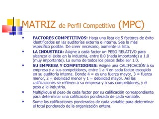 MATRIZ  de Perfil Competitivo  (MPC) FACTORES COMPETITIVOS:  Haga una lista de 5 factores de éxito identificados en las auditorías externa e interna. Sea lo más específico posible. De creer necesario, aumente la lista. LA INDUSTRIA:  Asigne a cada factor un PESO RELATIVO para alcanzar el éxito en la industria, entre 0.0 (nada importante) a 1.0 (muy importante). La suma de todos los pesos debe ser 1.0. SU EMPRESA Y COMPETIDORES:  Asigne una CALIFICACIÓN a su empresa y a sus competidores, entre 1 a 4 en cada factor escogido en su auditoría interna. Donde 4 = es una fuerza mayor, 3 = fuerza menor, 2 = debilidad menor y 1 = debilidad mayor. Así las calificaciones se refieren a su empresa y a sus competidores, y el peso a la industria. Multiplique el peso de cada factor por su calificación correspondiente para determinar una calificación ponderada de cada variable. Sume las calificaciones ponderadas de cada variable para determinar el total ponderado de la organización entera. 