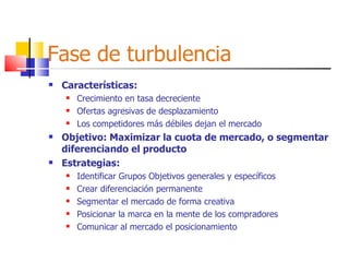 Fase de turbulencia Características: Crecimiento en tasa decreciente Ofertas agresivas de desplazamiento Los competidores más débiles dejan el mercado Objetivo: Maximizar la cuota de mercado, o segmentar diferenciando el producto Estrategias: Identificar Grupos Objetivos generales y específicos Crear diferenciación permanente Segmentar el mercado de forma creativa Posicionar la marca en la mente de los compradores Comunicar al mercado el posicionamiento 