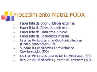 Procedimiento Matriz FODA Hacer lista de Oportunidades externas Hacer lista de Amenazas externas Hacer lista de Fortalezas internas Hacer lista de Debilidades internas Usar las Fortalezas a las Oportunidades que pueden aprovechar (FO) Superar las debilidades aprovechando Oportunidades (DO) Usar las Fortalezas para evitar las Amenazas (FA) Reducir las Debilidades y evitar las Amenazas (DA) 