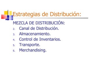 Estrategias de Distribución: MEZCLA DE DISTRIBUCIÓN: Canal de Distribución. Almacenamiento. Control de Inventarios. Transporte. Merchandising. 