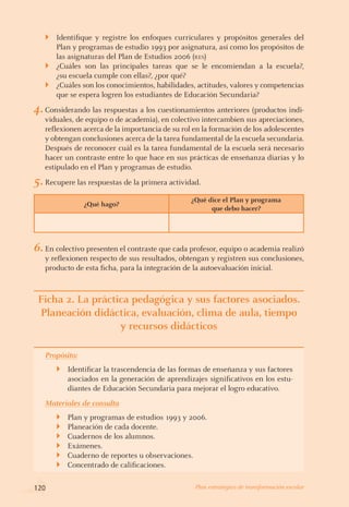 Identifique y registre los enfoques curriculares y propósitos generales del
Plan y programas de estudio 1993 por asignatura, así como los propósitos de
las asignaturas del Plan de Estudios 2006 (res)
¿Cuáles son las principales tareas que se le encomiendan a la escuela?,
¿su escuela cumple con ellas?, ¿por qué?
¿Cuáles son los conocimientos, habilidades, actitudes, valores y competencias
que se espera logren los estudiantes de Educación Secundaria?
4.	Considerando las respuestas a los cuestionamientos anteriores (productos indi-
viduales, de equipo o de academia), en colectivo intercambien sus apreciaciones,
reflexionen acerca de la importancia de su rol en la formación de los adolescentes
y obtengan conclusiones acerca de la tarea fundamental de la escuela secundaria.
Después de reconocer cuál es la tarea fundamental de la escuela será necesario
hacer un contraste entre lo que hace en sus prácticas de enseñanza diarias y lo
estipulado en el Plan y programas de estudio.
5.	Recupere las respuestas de la primera actividad.
¿Qué hago?
¿Qué dice el Plan y programa
que debo hacer?
6.	En colectivo presenten el contraste que cada profesor, equipo o academia realizó
y reflexionen respecto de sus resultados, obtengan y registren sus conclusiones,
producto de esta ficha, para la integración de la autoevaluación inicial.
Ficha 2. La práctica pedagógica y sus factores asociados.
Planeación didáctica, evaluación, clima de aula, tiempo
y recursos didácticos
Propósito:
Identificar la trascendencia de las formas de enseñanza y sus factores
asociados en la generación de aprendizajes significativos en los estu-
diantes de Educación Secundaria para mejorar el logro educativo.
}
Materiales de consulta
Plan y programas de estudios 1993 y 2006.
Planeación de cada docente.
Cuadernos de los alumnos.
Exámenes.
Cuaderno de reportes u observaciones.
Concentrado de calificaciones.
}
}
}
}
}
}
}
}
}
120 Plan estratégico de transformación escolar
 