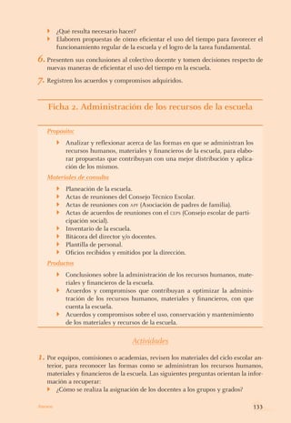 ¿Qué resulta necesario hacer?
Elaboren propuestas de cómo eficientar el uso del tiempo para favorecer el
funcionamiento regular de la escuela y el logro de la tarea fundamental.
6.	Presenten sus conclusiones al colectivo docente y tomen decisiones respecto de
nuevas maneras de eficientar el uso del tiempo en la escuela.
7.	Registren los acuerdos y compromisos adquiridos.
Ficha 2. Administración de los recursos de la escuela
Propósito:
Analizar y reflexionar acerca de las formas en que se administran los
recursos humanos, materiales y financieros de la escuela, para elabo-
rar propuestas que contribuyan con una mejor distribución y aplica-
ción de los mismos.
}
Materiales de consulta
Planeación de la escuela.
Actas de reuniones del Consejo Técnico Escolar.
Actas de reuniones con apf (Asociación de padres de familia).
Actas de acuerdos de reuniones con el ceps (Consejo escolar de parti-
cipación social).
Inventario de la escuela.
Bitácora del director y/o docentes.
Plantilla de personal.
Oficios recibidos y emitidos por la dirección.
}
}
}
}
}
}
}
}
Productos
Conclusiones sobre la administración de los recursos humanos, mate-
riales y financieros de la escuela.
Acuerdos y compromisos que contribuyan a optimizar la adminis-
tración de los recursos humanos, materiales y financieros, con que
cuenta la escuela.
Acuerdos y compromisos sobre el uso, conservación y mantenimiento
de los materiales y recursos de la escuela.
}
}
}
Actividades
1.	Por equipos, comisiones o academias, revisen los materiales del ciclo escolar an-
terior, para reconocer las formas como se administran los recursos humanos,
materiales y financieros de la escuela. Las siguientes preguntas orientan la infor-
mación a recuperar:
¿Cómo se realiza la asignación de los docentes a los grupos y grados?
}
}
}
133Anexos
 