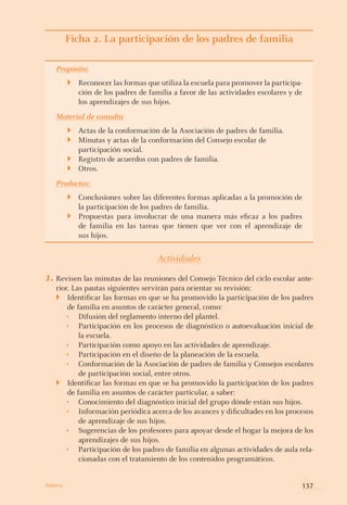Ficha 2. La participación de los padres de familia
Propósito:
Reconocer las formas que utiliza la escuela para promover la participa-
ción de los padres de familia a favor de las actividades escolares y de
los aprendizajes de sus hijos.
}
Material de consulta
Actas de la conformación de la Asociación de padres de familia.
Minutas y actas de la conformación del Consejo escolar de
participación social.
Registro de acuerdos con padres de familia.
Otros.
}
}
}
}
Productos:
Conclusiones sobre las diferentes formas aplicadas a la promoción de
la participación de los padres de familia.
Propuestas para involucrar de una manera más eficaz a los padres
de familia en las tareas que tienen que ver con el aprendizaje de
sus hijos.
}
}
Actividades
1.	Revisen las minutas de las reuniones del Consejo Técnico del ciclo escolar ante-
rior. Las pautas siguientes servirán para orientar su revisión:
Identificar las formas en que se ha promovido la participación de los padres
de familia en asuntos de carácter general, como:
Difusión del reglamento interno del plantel.
Participación en los procesos de diagnóstico o autoevaluación inicial de
la escuela.
Participación como apoyo en las actividades de aprendizaje.
Participación en el diseño de la planeación de la escuela.
Conformación de la Asociación de padres de familia y Consejos escolares
de participación social, entre otros.
Identificar las formas en que se ha promovido la participación de los padres
de familia en asuntos de carácter particular, a saber:
Conocimiento del diagnóstico inicial del grupo dónde están sus hijos.
Información periódica acerca de los avances y dificultades en los procesos
de aprendizaje de sus hijos.
Sugerencias de los profesores para apoyar desde el hogar la mejora de los
aprendizajes de sus hijos.
Participación de los padres de familia en algunas actividades de aula rela-
cionadas con el tratamiento de los contenidos programáticos.
}
Í
Í
Í
Í
Í
}
Í
Í
Í
Í
137Anexos
 