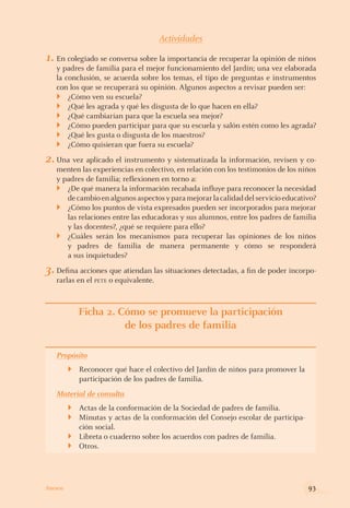 Actividades
1.	En colegiado se conversa sobre la importancia de recuperar la opinión de niños
y padres de familia para el mejor funcionamiento del Jardín; una vez elaborada
la conclusión, se acuerda sobre los temas, el tipo de preguntas e instrumentos
con los que se recuperará su opinión. Algunos aspectos a revisar pueden ser:
¿Cómo ven su escuela?
¿Qué les agrada y qué les disgusta de lo que hacen en ella?
¿Qué cambiarían para que la escuela sea mejor?
¿Cómo pueden participar para que su escuela y salón estén como les agrada?
¿Qué les gusta o disgusta de los maestros?
¿Cómo quisieran que fuera su escuela?
2.	Una vez aplicado el instrumento y sistematizada la información, revisen y co-
menten las experiencias en colectivo, en relación con los testimonios de los niños
y padres de familia; reflexionen en torno a:
¿De qué manera la información recabada influye para reconocer la necesidad
decambioenalgunosaspectosyparamejorarlacalidaddelservicioeducativo?
¿Cómo los puntos de vista expresados pueden ser incorporados para mejorar
las relaciones entre las educadoras y sus alumnos, entre los padres de familia
y las docentes?, ¿qué se requiere para ello?
¿Cuáles serán los mecanismos para recuperar las opiniones de los niños
y padres de familia de manera permanente y cómo se responderá
a sus inquietudes?
3.	Defina acciones que atiendan las situaciones detectadas, a fin de poder incorpo-
rarlas en el pete o equivalente.
Ficha 2. Cómo se promueve la participación
de los padres de familia
Propósito
Reconocer qué hace el colectivo del Jardín de niños para promover la
participación de los padres de familia.
}
Material de consulta
Actas de la conformación de la Sociedad de padres de familia.
Minutas y actas de la conformación del Consejo escolar de participa-
ción social.
Libreta o cuaderno sobre los acuerdos con padres de familia.
Otros.
}
}
}
}
}
}
}
}
}
}
}
}
}
93Anexos
 
