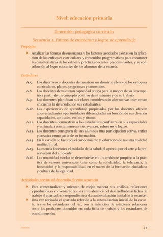 Nivel: educación primaria
Dimensión pedagógica curricular
Secuencia 1. Formas de enseñanza y logros de aprendizaje
Propósito
Analizar las formas de enseñanza y los factores asociados a éstas en la aplica-
ción de los enfoques curriculares y contenidos programáticos para reconocer
las características de los estilos y prácticas docentes predominantes, y su con-
tribución al logro educativo de los alumnos de la escuela.
Estándares
A.5.	 Los directivos y docentes demuestran un dominio pleno de los enfoques
curriculares, planes, programas y contenidos.
A.8.	 Los docentes demuestran capacidad crítica para la mejora de su desempe-
ño a partir de un concepto positivo de sí mismos y de su trabajo.
A.9.	 Los docentes planifican sus clases considerando alternativas que toman
en cuenta la diversidad de sus estudiantes.
A.10.	 Las experiencias de aprendizaje propiciadas por los docentes ofrecen
a los estudiantes oportunidades diferenciadas en función de sus diversas
capacidades, aptitudes, estilos y ritmos.
A.11.	 Los docentes demuestran a los estudiantes confianza en sus capacidades
y estimulan constantemente sus avances, esfuerzos y logros.
A.12.	 Los docentes consiguen de sus alumnos una participación activa, crítica
y creativa como parte de su formación.
A.14.	 En la escuela se favorece el conocimiento y valoración de nuestra realidad
multicultural.
A.15.	 La escuela incentiva el cuidado de la salud, el aprecio por el arte y la pre-
servación del ambiente.
A.16.	 La comunidad escolar se desenvuelve en un ambiente propicio a la prác-
tica de valores universales tales como la solidaridad, la tolerancia, la
honestidad y la responsabilidad, en el marco de la formación ciudadana
y cultura de la legalidad.
Actividades previas al desarrollo de esta secuencia
Para contextualizar y orientar de mejor manera sus análisis, reflexiones
yproductos,esconvenienterevisarantesdeiniciareldesarrollodelasfichasde
trabajo el apartado correspondiente a «La autoevaluación inicial de la escuela».
Una vez revisado el apartado referido a la autovaluación inicial de la escue-
la, revise los estándares del pec, con la intención de establecer relaciones
entre los productos obtenidos en cada ficha de trabajo y los estándares de
esta dimensión.
}
}
}
97Anexos
 