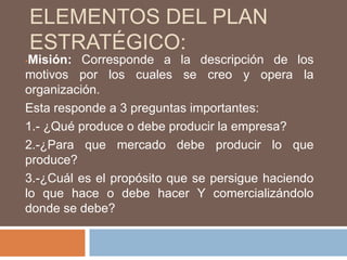 Elementos del plan estratégico:Misión: Corresponde a la descripción de los motivos por los cuales se creo y opera la organización.Esta responde a 3 preguntas importantes:1.- ¿Qué produce o debe producir la empresa?2.-¿Para que mercado debe producir lo que produce?3.-¿Cuál es el propósito que se persigue haciendo lo que hace o debe hacer Y comercializándolo donde se debe?