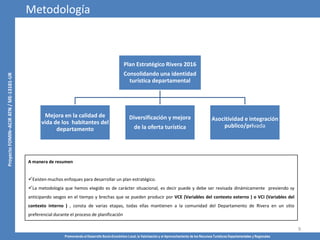 Promoviendo el Desarrollo Socio-Económico Local, la Valorización y el Aprovechamiento de los Recursos Turísticos Departamentales y Regionales
9
Plan Estratégico Rivera 2016
Consolidando una identidad
turística departamental
Mejora en la calidad de
vida de los habitantes del
departamento
Diversificación y mejora
de la oferta turística
Asocitividad e integración
publico/privada
A manera de resumen
Existen muchos enfoques para desarrollar un plan estratégico.
La metodología que hemos elegido es de carácter situacional, es decir puede y debe ser revisada dinámicamente previendo sy
anticipando sesgos en el tiempo y brechas que se pueden producir por VCE (Variables del contexto externo ) o VCI (Variables del
contexto interno ) , consta de varias etapas, todas ellas mantienen a la comunidad del Departamento de Rivera en un sitio
preferencial durante el proceso de planificación
Metodología
 