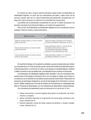 El contexto es claro, ninguna reforma educativa puede evadir los Estándares de
Habilidades Digitales, en tanto que son descriptores del saber y saber hacer de los
alumnos cuando usan las TIC, base fundamental para desarrollar competencias a lo
largo de la vida y favorecer su inserción en la sociedad del conocimiento.
     Los perfiles de los estudiantes competentes en uso de TIC deben asociarse a los
periodos escolares de la Educación Básica y al modelo de equipamiento.
     Para cumplir los Estándares de Habilidades Digitales se han considerado dos es-
trategias: Aulas de medios y Aulas telemáticas.


                P eriodo   escolar
                                                    M odelo de equipamiento para el logro
                                                  de los E stándares de H abilidades D igitales


 Segundo periodo escolar, al concluir el tercer   Aulas de medios y laboratorios de cómputo,
 grado de primaria.                               donde los estudiantes interactúan con las TIC.

                                                  Aulas telemáticas modelo 1 a 30, donde los
 Tercer periodo escolar, al concluir el sexto     estudiantes interactúan con las TIC.
 grado de primaria.                               Las autoridades educativas estatales
                                                  adicionan cinco dispositivos por aula.

 Cuarto periodo escolar, al concluir el tercer    Aulas telemáticas modelo 1 a 1, donde los
 grado de secundaria.                             estudiantes interactúan con las TIC.




     Es importante trabajar con los gobiernos estatales y grupos empresariales para fortale-
cer el equipamiento en el Tercer periodo escolar, donde sólo existiría Aula telemática base (1
a 30) para garantizar un número de, al menos, cinco equipos conectables (laptop, notebook
o tablet), aumentar el uso de plataformas y de dispositivos que conectan la red escolar.
     Los Estándares de Habilidades Digitales están alineados a los de la Sociedad Inter-
nacional para la Tecnología en Educación (ISTE, por sus siglas en inglés), de la Unesco, y
se relacionan con el estándar de competencia para docentes denominado “Elaboración de
proyectos de aprendizaje integrando el uso de las tecnologías de la información y comuni-
cación” (2008), diseñado por el Comité de Gestión de Competencias en Habilidades Digi-
tales en Procesos de Aprendizaje y con los indicadores de desempeño correspondientes.
     Los indicadores de desempeño para los docentes en el uso de las TIC son:


     •	 Utilizar herramientas y recursos digitales para apoyar la comprensión de conoci-
         mientos y conceptos.
     •	 Aplicar conceptos adquiridos en la generación de nuevas ideas, productos y pro-
         cesos, utilizando las TIC.
     •	 Explorar preguntas y temas de interés, además de planificar y manejar investiga-
         ciones, utilizando las TIC.




                                                                                                   65
 