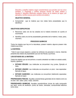 Describo y clasifico objetos según características que percibo con los cinco
sentidos. 2. Propongo y verifico diversas formas de medir sólidos y
líquidos.3. Identifico diferentes estados físicos de la materia (el agua, por
ejemplo) y verifico causas para cambios de estado.)
OBJETIVO GENERAL
• Comprender que la materia que nos rodea tiene propiedades que la
identifican
OBJETIVOS ESPECIFICOS
• Reconoce cada uno de los estados de la materia teniendo en cuenta el
movimiento
• Identifica cada uno de las propiedades generales de la materia ( masa, peso,
volumen)
PROCESOS QUÍMICOS
Todos los objetos que hay en la naturaleza, poseen materia: algunos poseen más
materia que otros:
LA MATERIA:
Todo lo que ocupa espacio y posee los atributos de gravedad e inercia. Además
presenta dos clases de propiedades que son las físicas y químicas.
LOS ESTADOS DE LA MATERIA
Todos los objetos que se encuentran a nuestro alrededor se hallan en estado solidó,
líquido y gaseoso.
• ESTADO SÓLIDO: Las moléculas se encuentran muy juntas. Ejemplo el
hielo.
• ESTADO LÍQUIDO: Las moléculas se encuentran un poco mas separadas:
Ejemplo el agua.
• ESTADO GASEOSO: Las moléculas se encuentran totalmente separadas:
Ejemplo el vapor.
PROPIEDADES FÍSICAS: Aquellas características generales de la materia como es
el color, olor, sabor, peso, masa, volumen.
PROPIEDADES QUIMICAS: Aquellas características únicas de cada compuesto
por decir, punto de ebullición, punto de fusión, densidad, conductividad eléctrica
entre otras.
 